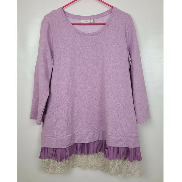 LOGO Lounge Womens Purple Pleated Layered Lace Hem 3/4 Sleeve Tunic Top Large